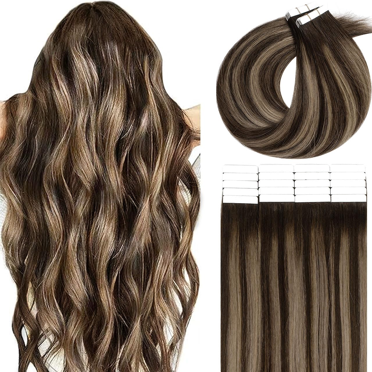 Lacer Human Hair Tape In Extensions 18inch Dark Brown Tape In Hair Extensions Straight Human Hair Chestnut Brown Highlight 100G 40pcs Thick Ends Piece For Invisible Seamless Human Hair Tape In
