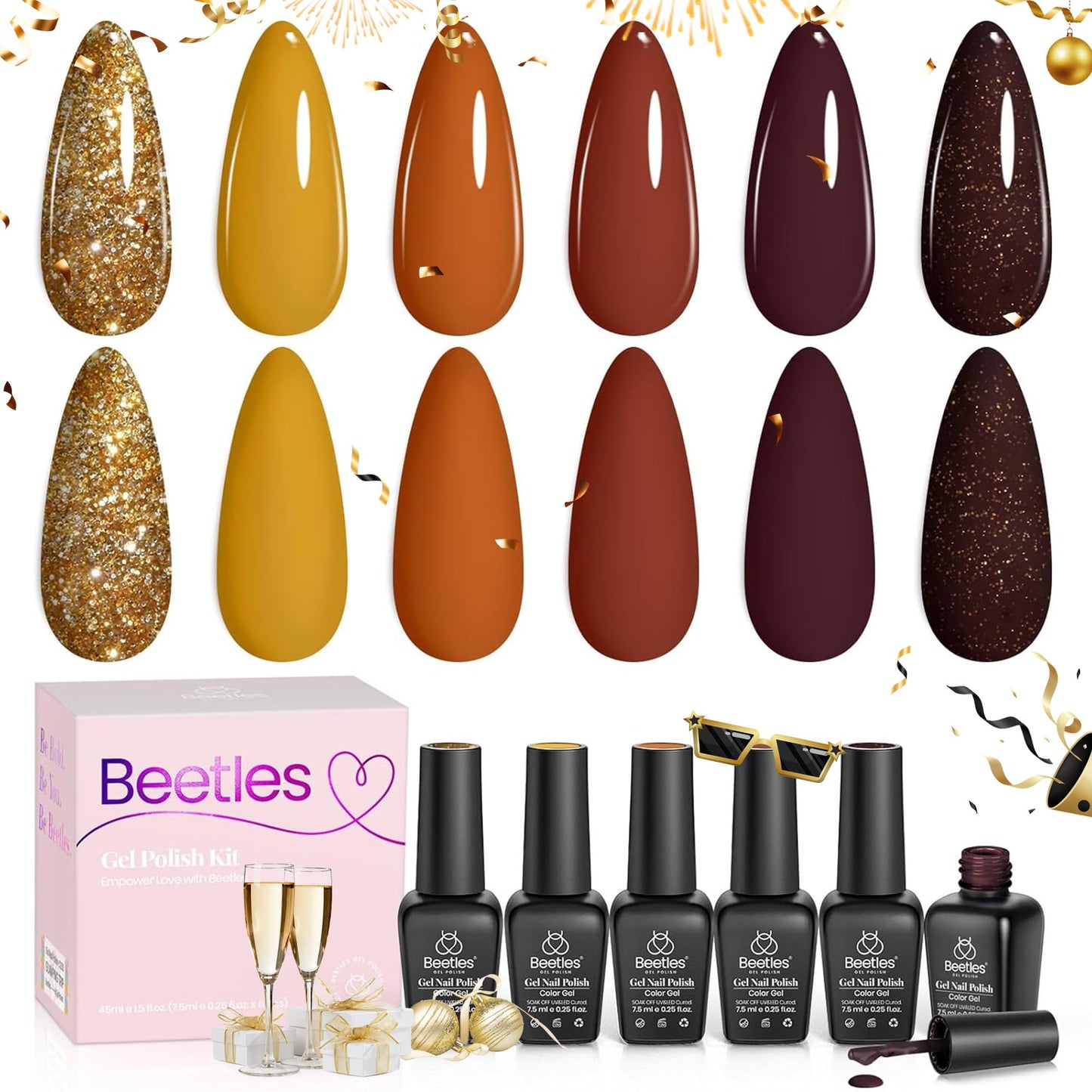 beetles Gold Gel Polish Set, 6 Colors Burgundy Red Orange Brown Gel Nail Polish Red-Brown Glitter Gel Polish Soak Off UV Gel Nail Art Design Gifts for Women