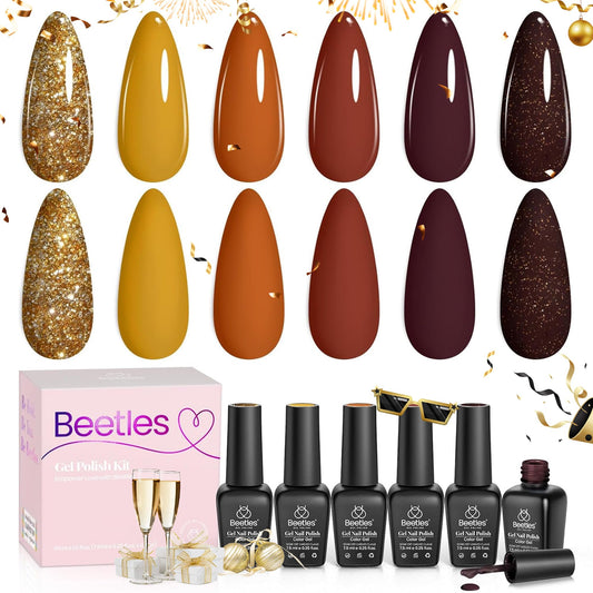 beetles Gold Gel Polish Set, 6 Colors Burgundy Red Orange Brown Gel Nail Polish Red-Brown Glitter Gel Polish Soak Off UV Gel Nail Art Design Gifts for Women