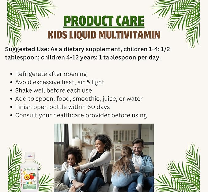 Go Healthy Kids Liquid Multivitamin - Vegan Vitamin Supplement Supports Children's Growth, Development & Immune Health, Ages 1 & Up, 32-64 Servings (1/2-1 Tablespoon/Day)