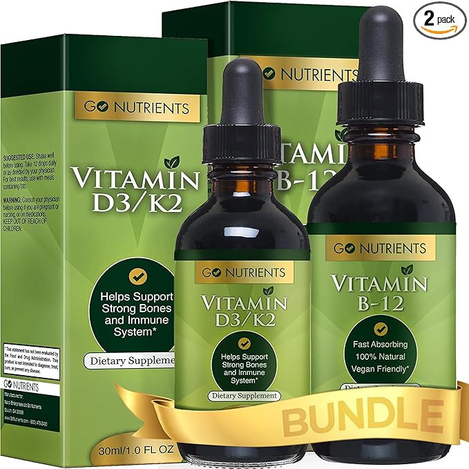 Go Nutrients Vitamin B12 & Vitamin D3 w/K2 Liquid Drops Bundle | Liquid Vitamin B12 Drops, 2oz | Liquid Vitamin D3 Drops, 1oz | No GMO’s, No Preservatives