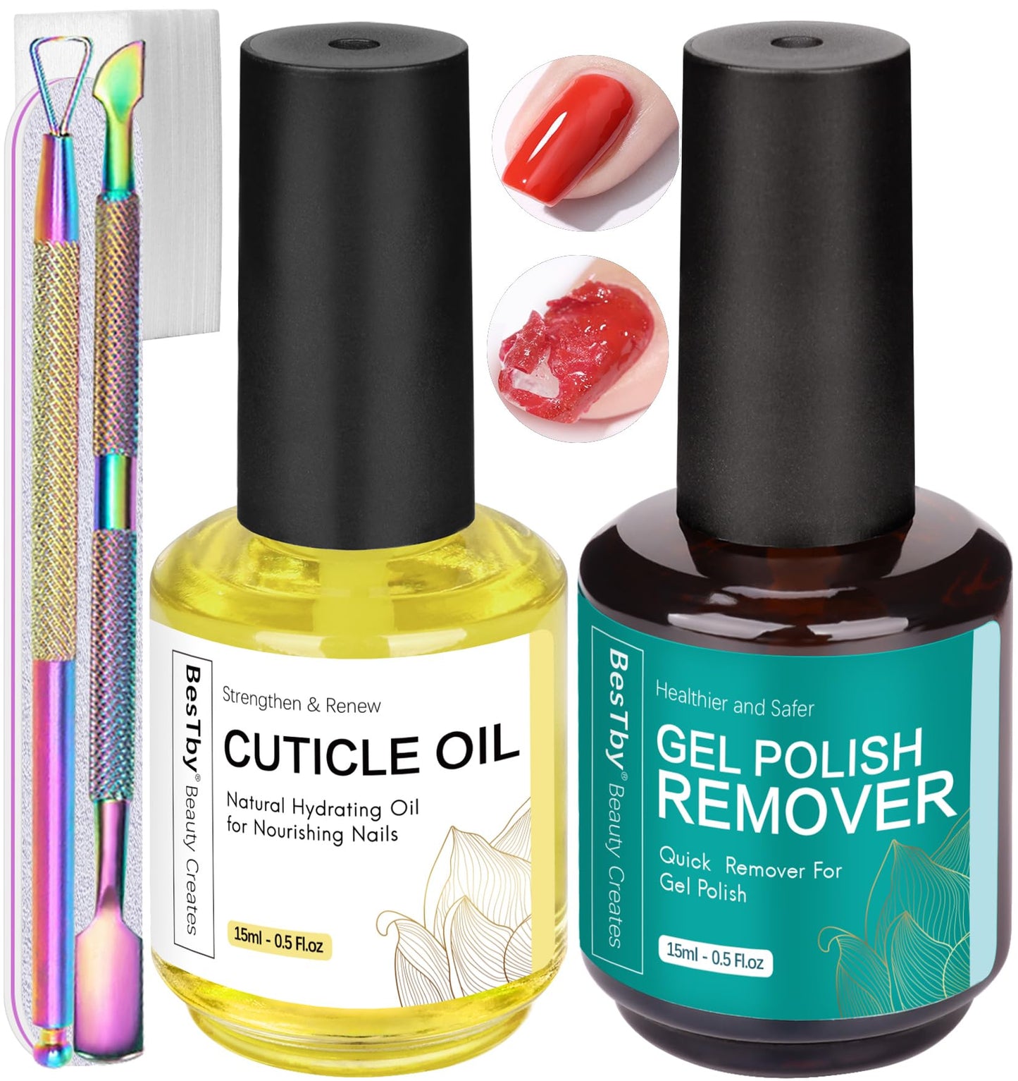 BesTby Gel Polish Remover 2-5 Minutes for Nails Quick Remove Gel Nail Polish and Come with Cuticle Oil (0.5oz/15 ml)