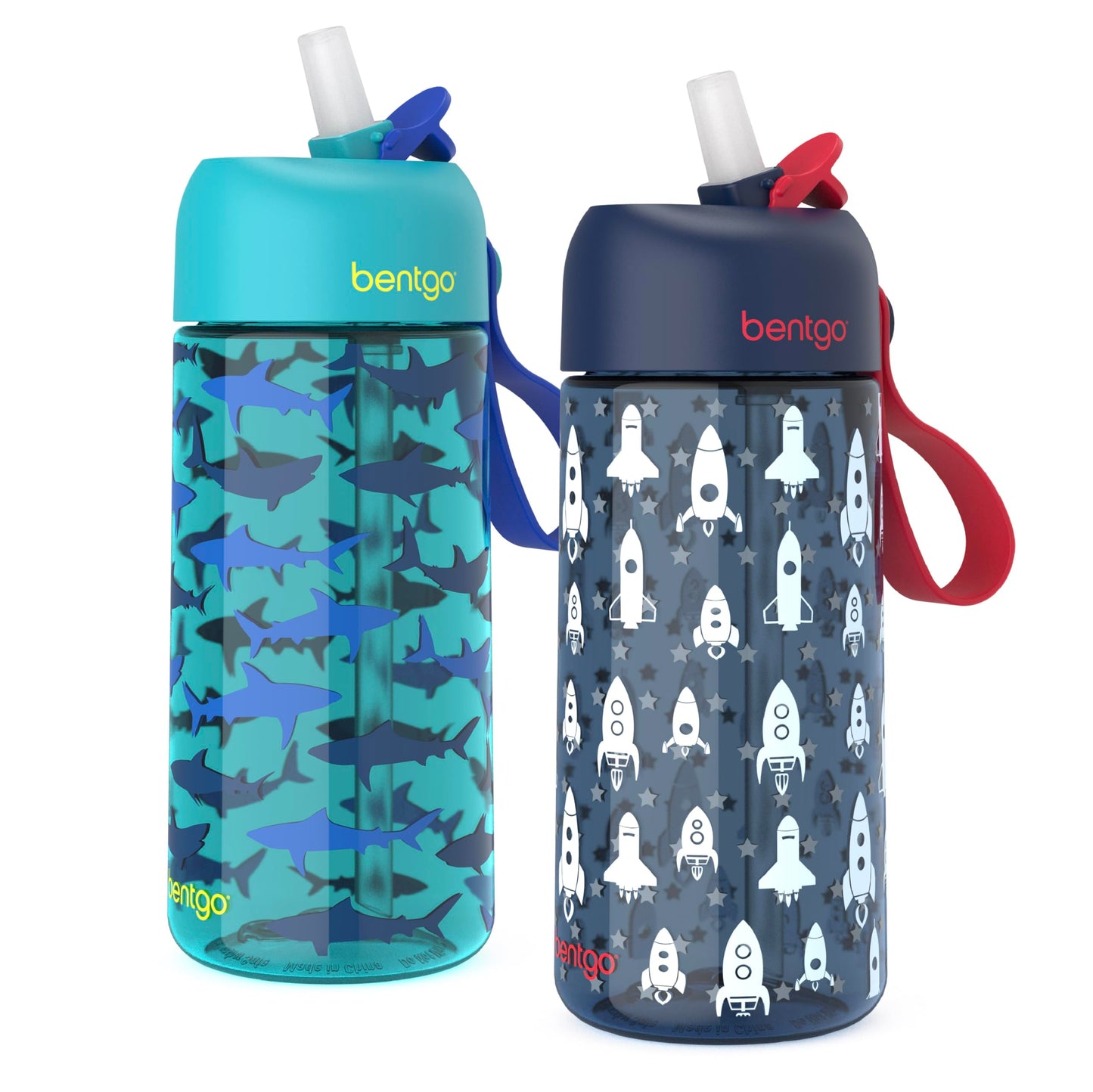 Bentgo Kids Water Bottle 2-Pack - Leak-Proof, Durable Tritan™, BPA-Free 15 oz Cup for Kids/Toddlers 3+; Flip-Up Straw; Dishwasher Safe for School/Sports/Daycare/Camp (Rocket/Shark)