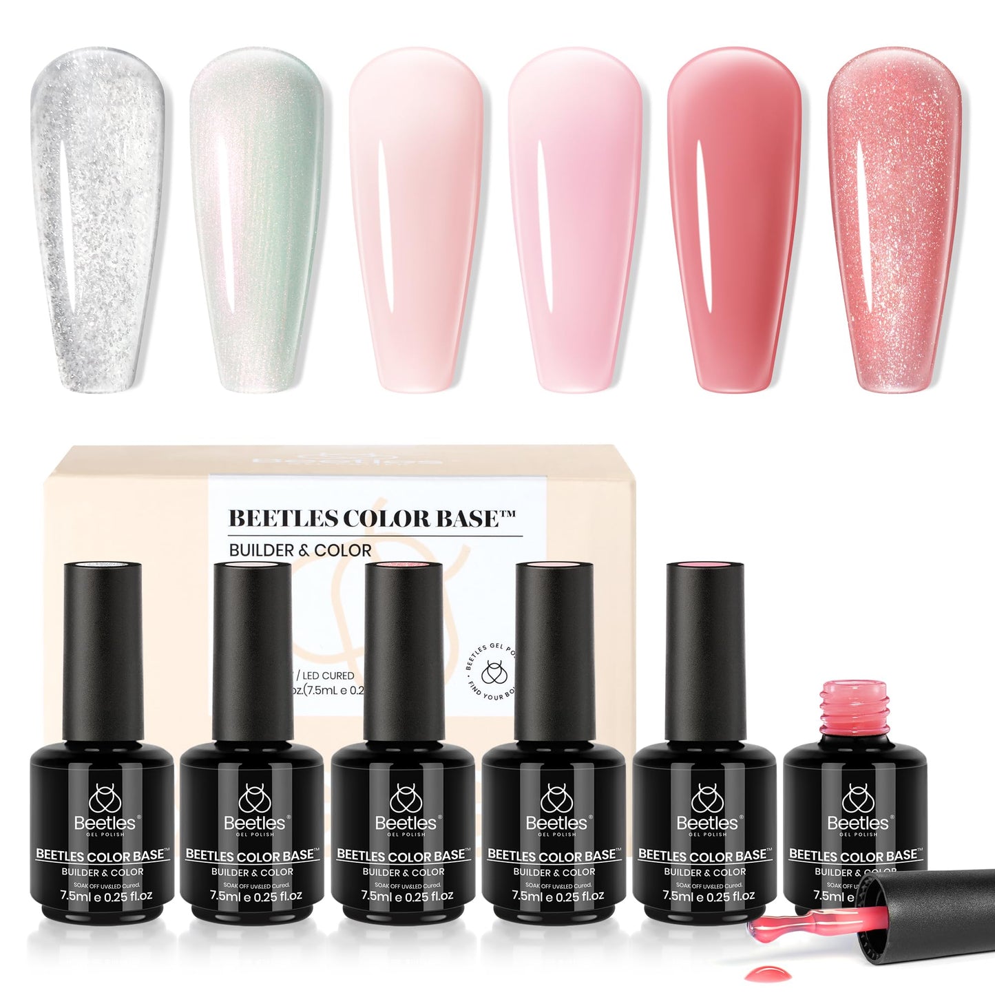 Beetles Rubber Base Gel, Nude Pink 6 Color Base Gel Polish Set, 5-in-1 Strengthening, Repairing & Smoothing Nail Base with Natural Nude Color, Self-Leveling Nail Art Manicure Gift for Women