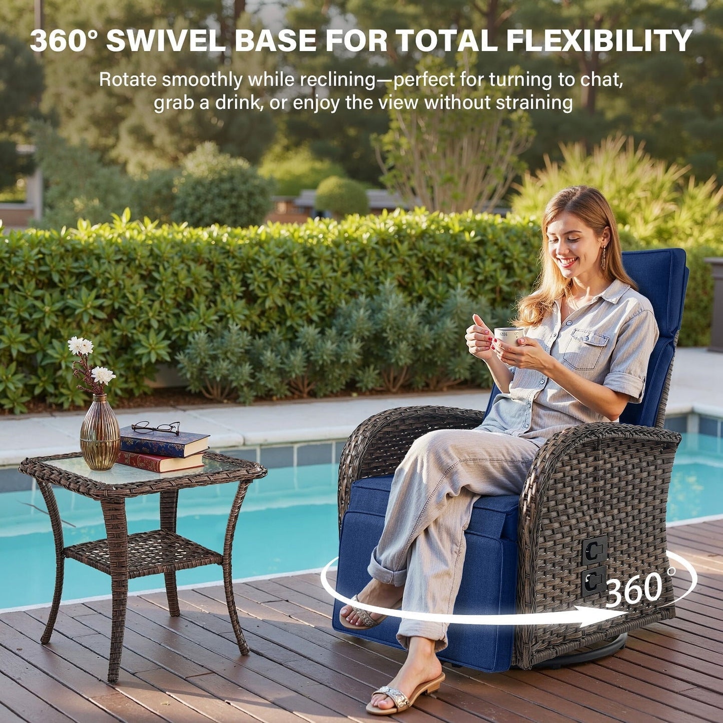Bellefurn Outdoor Swivel Recliner Chairs,Patio Wicker Recliner Chairs Outdoor Lounge Chairs with Thickness Cushions,Adjustable Angle,Reclining Lounge Chair for Outdoor,Fire Pit,Pool,Garden