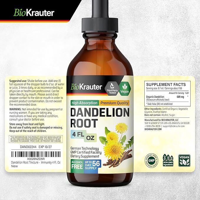 BIO KRAUTER Dandelion Tincture - Pure Dandelion Root Supplement for Liver & Kidney Support - 4 Fl. Oz - 56 Days of Supply - Vegan Extract Liquid Drops Non-GMO, No Fillers, No Sugar & Non-Alcohol
