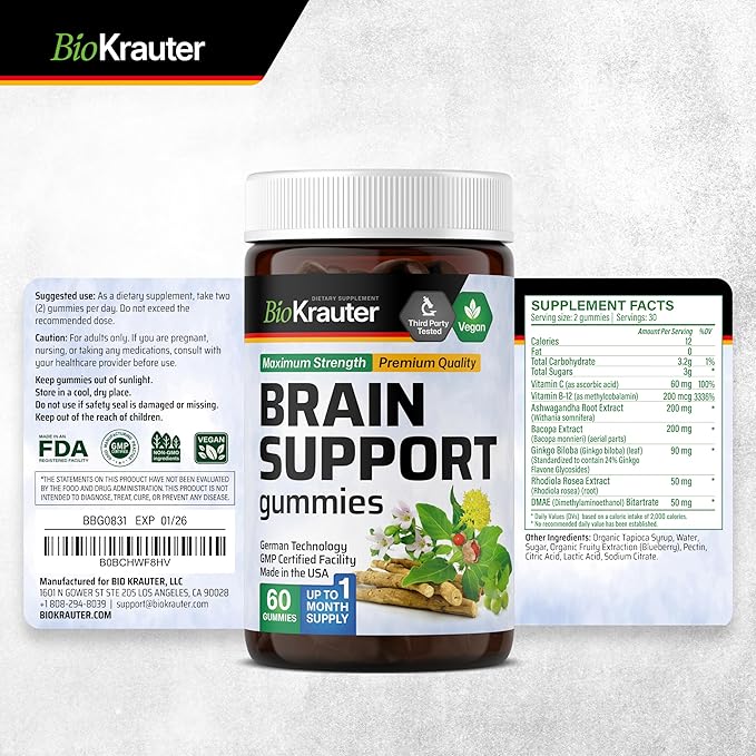 BIO KRAUTER Brain Support Gummies - 60 Vegan Chews - Natural Brain Supplement - Ashwagandha, Ginkgo Biloba, Bacopa, DMAE, and Vitamins for Cognitive Support