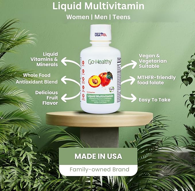 Go Healthy Liquid Multivitamin for Women, Men, Teens, 50 Plus – Vegan Vitamin & Mineral Supplement, Adult Energy & Immune Support, Easy-to-Absorb, Delicious Fruit Flavor – 32 Servings