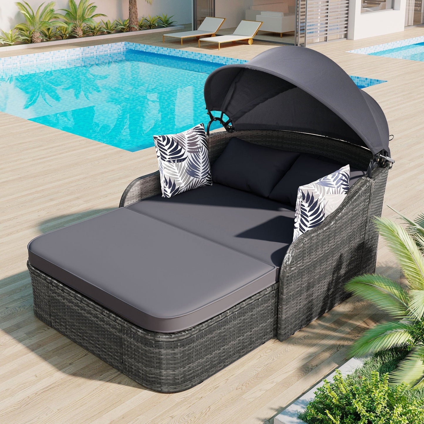 GO 79.9" Adjustable Canopy Sunbed, Double Lounger in PE Rattan, Gray Frame & Cushion