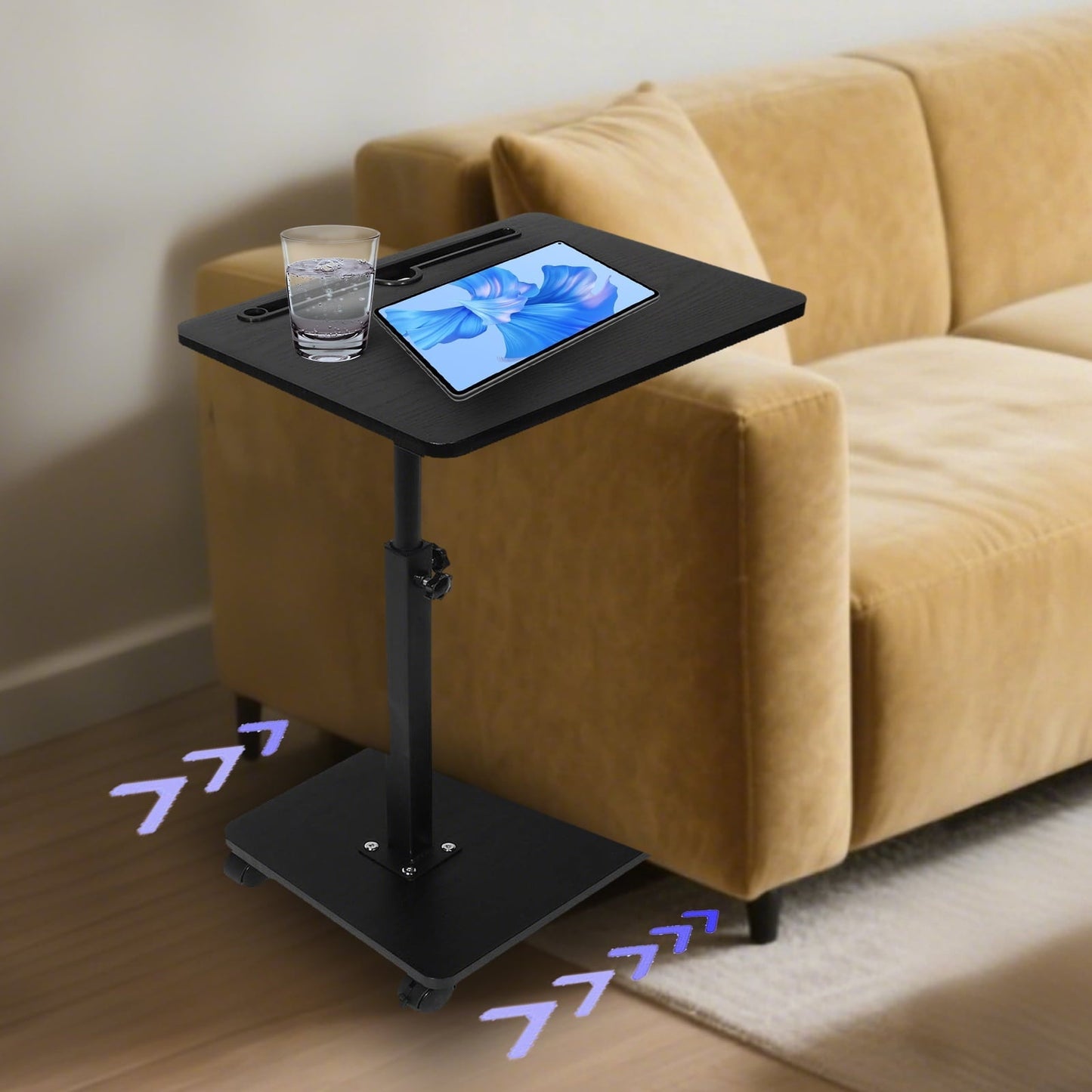 KFeng C-Shape Swivel End Table - Height Adjustable for Couch/Bed/Chair (Black,Wheel)