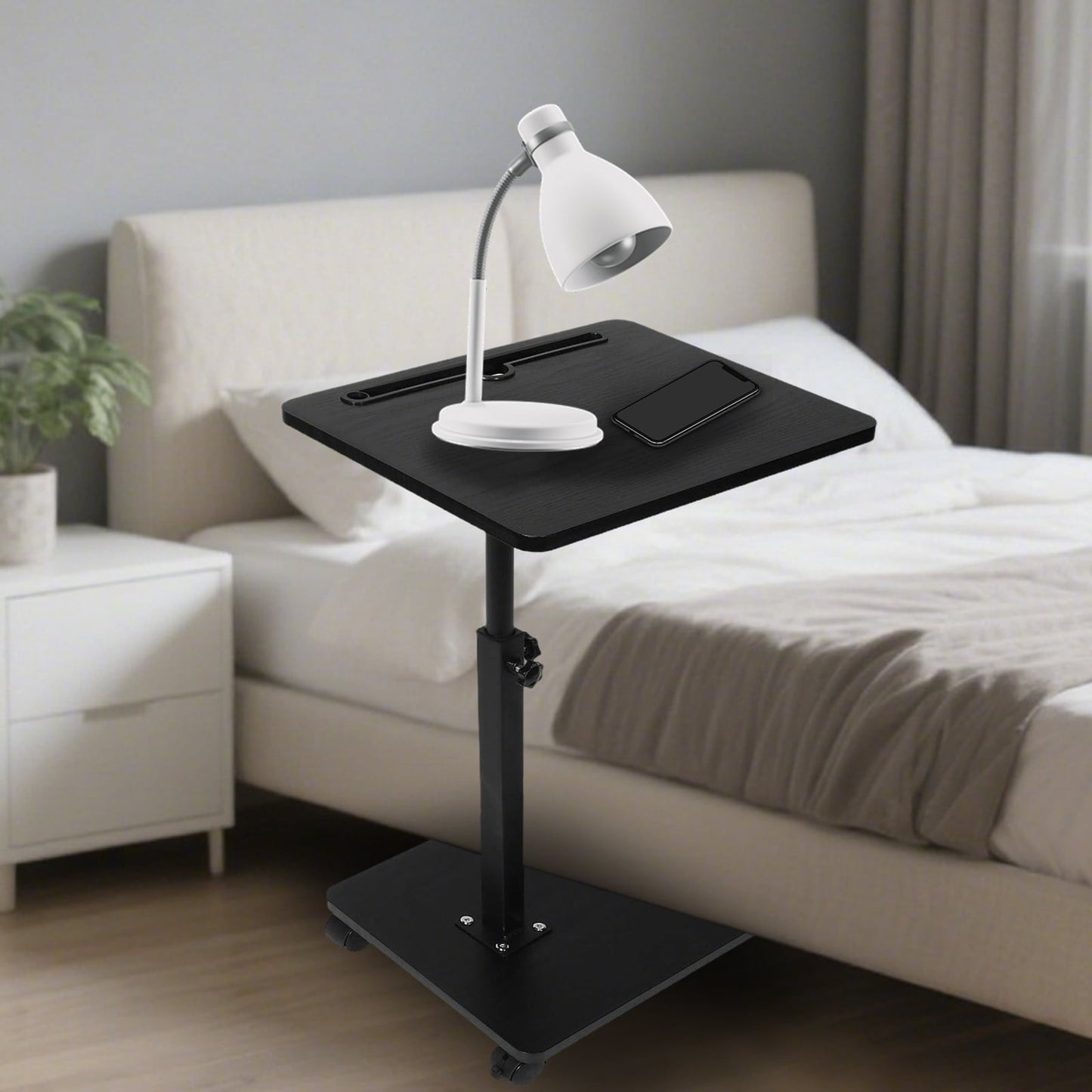 KFeng C-Shape Swivel End Table - Height Adjustable for Couch/Bed/Chair (Black,Wheel)