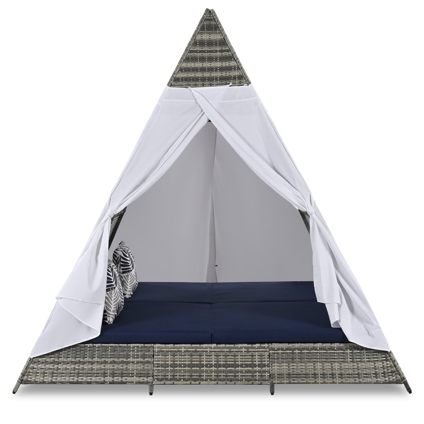 GO 90.5" Length Outdoor Lounge Bed with Decorative Pillows, Wicker Patio Daybed with Cushions, Canopy Design, Gray & Blue