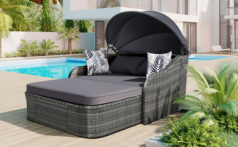 GO 79.9" Adjustable Canopy Sunbed, Double Lounger in PE Rattan, Gray Frame & Cushion