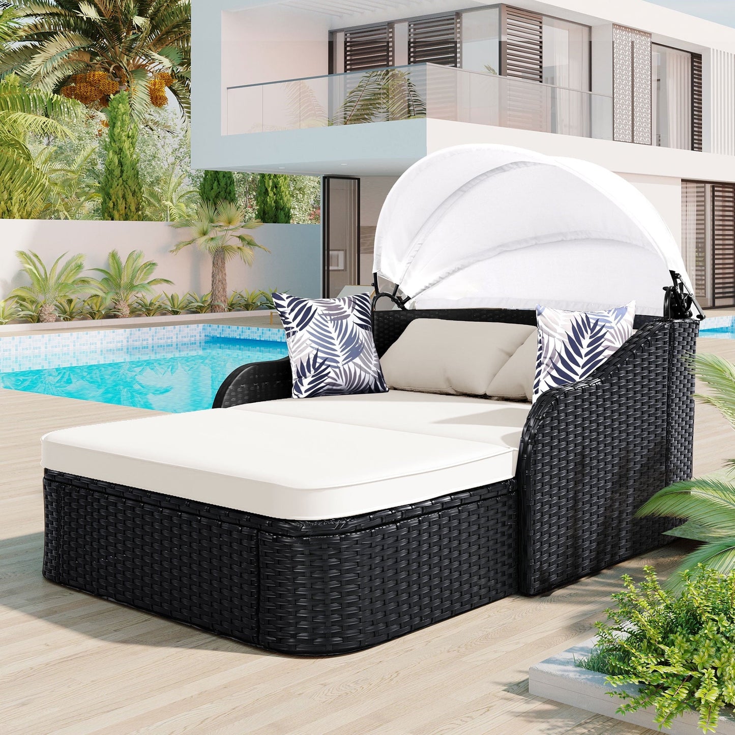 GO 79.9" Adjustable Canopy Sunbed, Double Lounger in PE Rattan, Black Frame & Beige Cushion