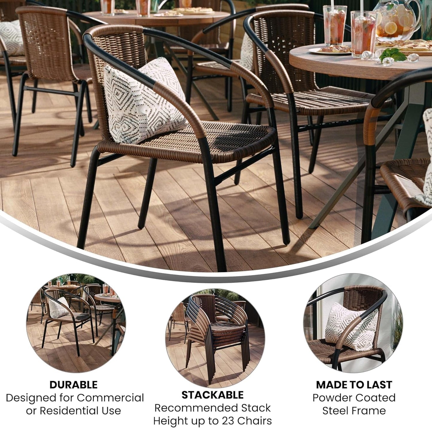 Jumpeak Lila Modern Rattan Indoor/Outdoor Stackable Dining Chairs, Stacking Rattan Bistro Chairs for Patio or Restaurant, Set of 4, Brown