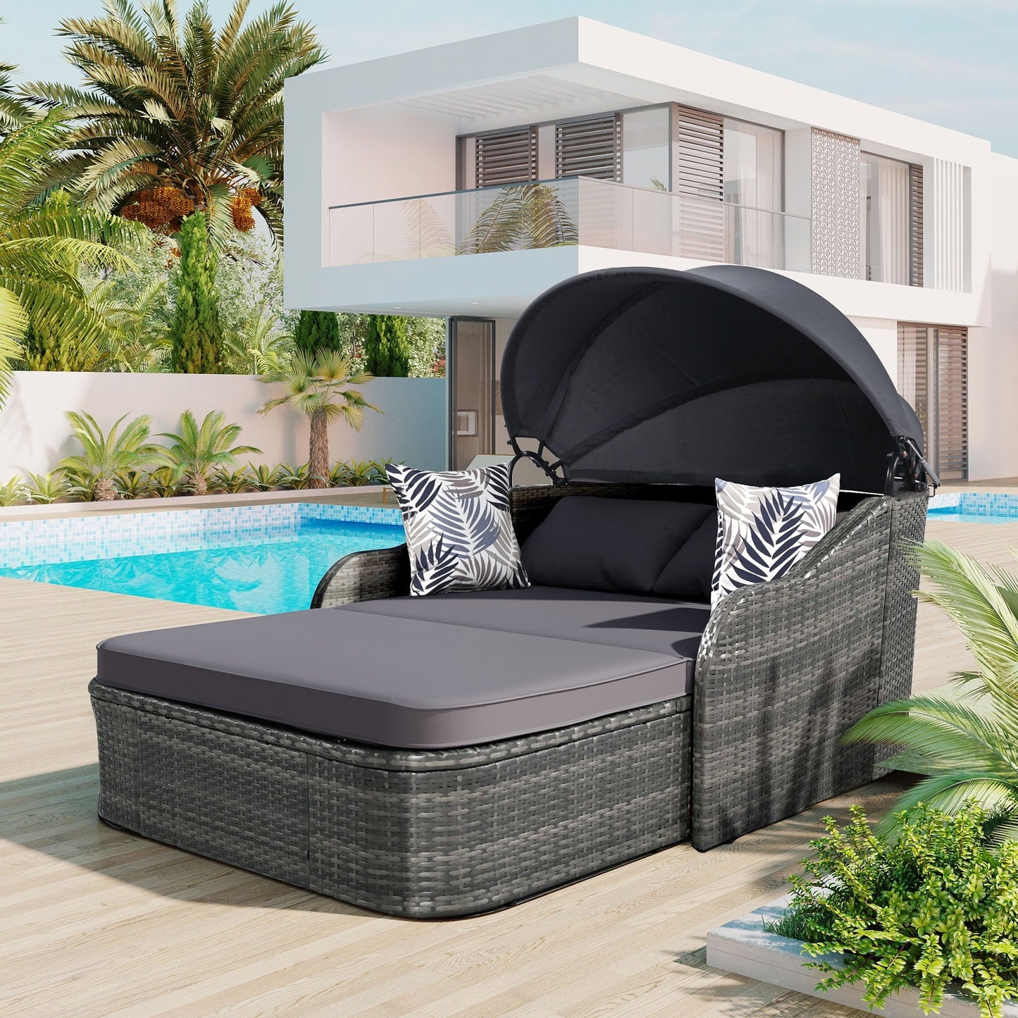 GO 79.9" Adjustable Canopy Sunbed, Double Lounger in PE Rattan, Gray Frame & Cushion