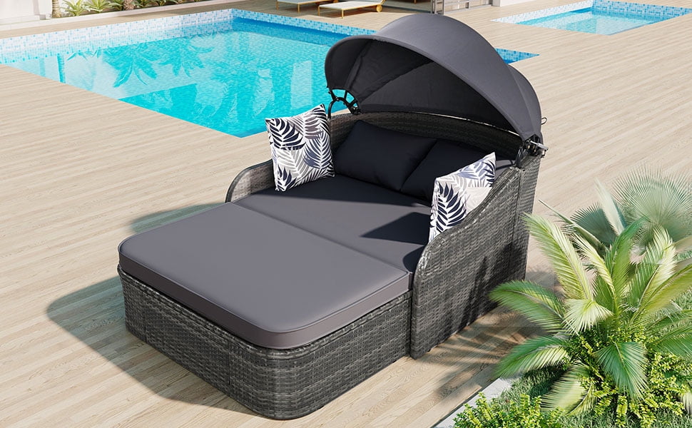 GO 79.9" Adjustable Canopy Sunbed, Double Lounger in PE Rattan, Gray Frame & Cushion