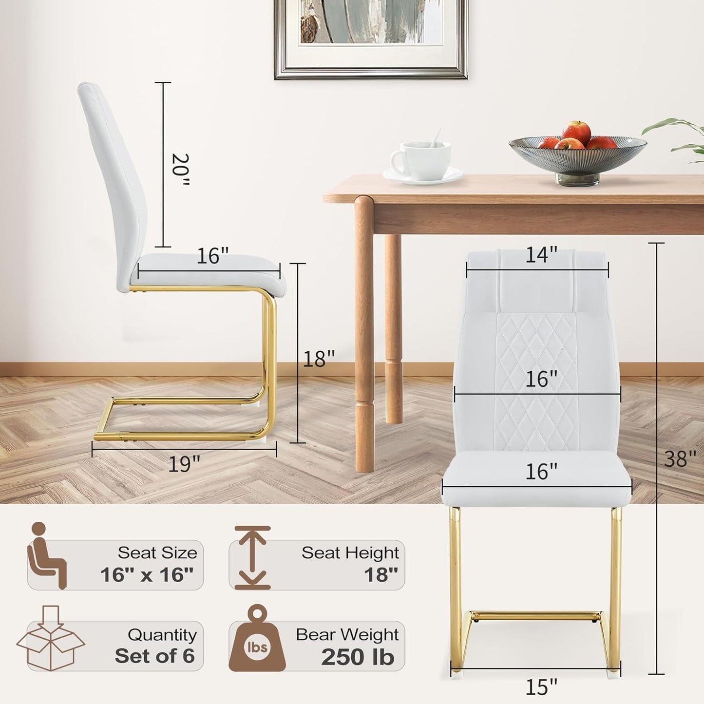 JUFU Set of 4 White Faux Leather Dining Chairs with Gold Metal Legs, Upholstered High Back Chairs for Dining Room Kitchen