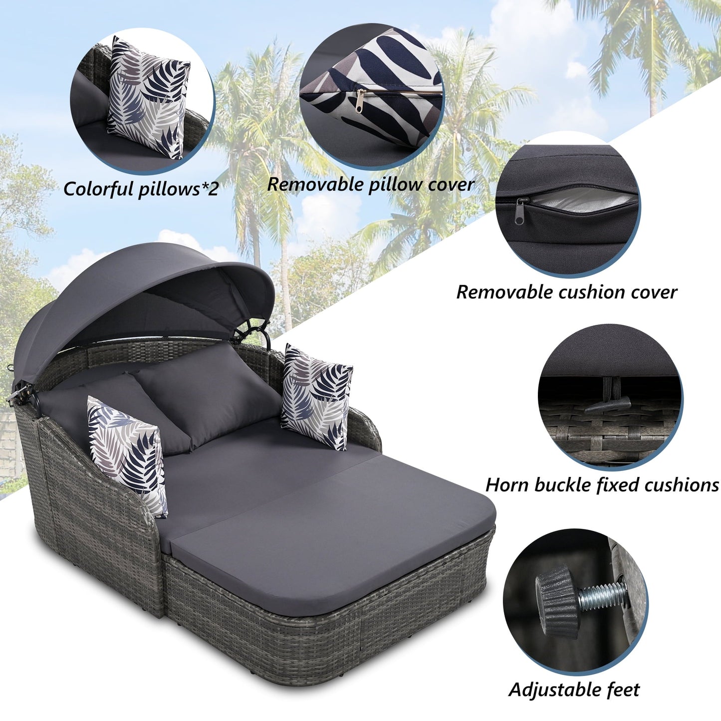 GO 79.9" Adjustable Canopy Sunbed, Double Lounger in PE Rattan, Gray Frame & Cushion