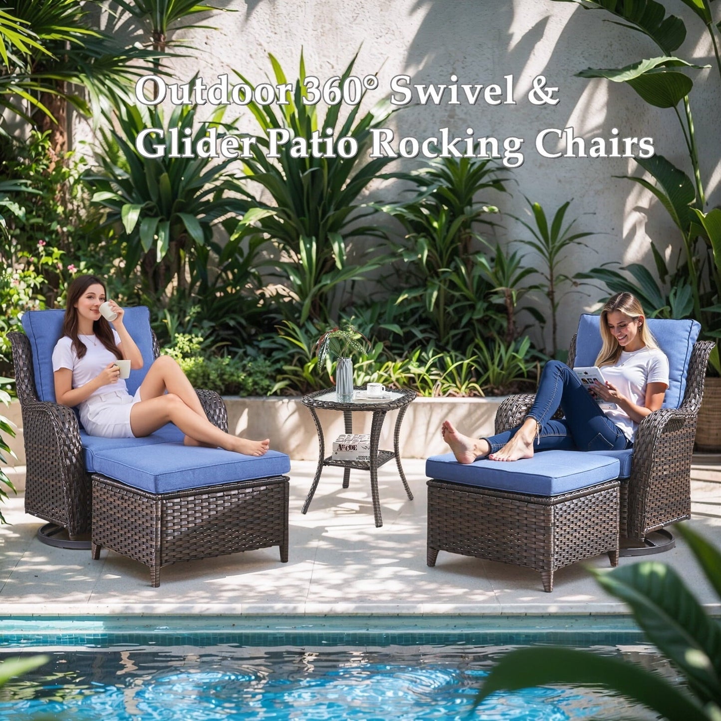 Bellefurn Outdoor Swivel Rocker Chairs Set of 2,Patio Wicker Swivel Glider Chairs Patio Rocking Chairs with Side Table Patio Furniture Set for Porch Deck Backyard Garden