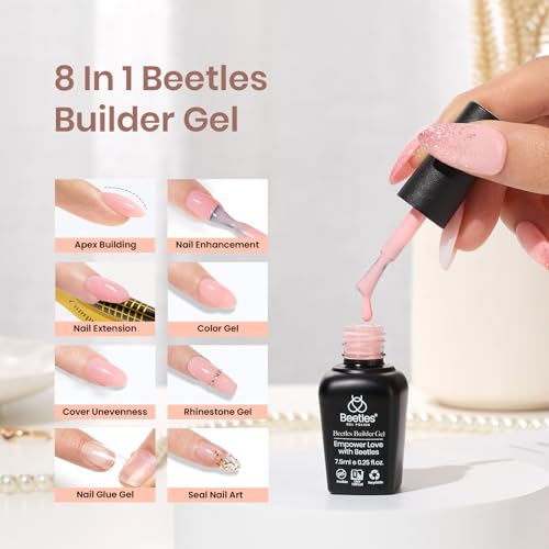 Beetles Builder Gel for Nails, 12 Pcs 7-in-1 Pink Rose Nude Gel Builder for Nails, Beige White Colors Hard Gel Builder Extension Gel, Nail Strengthener Gel, Nail Art Design Beauty Gift Sets for Women