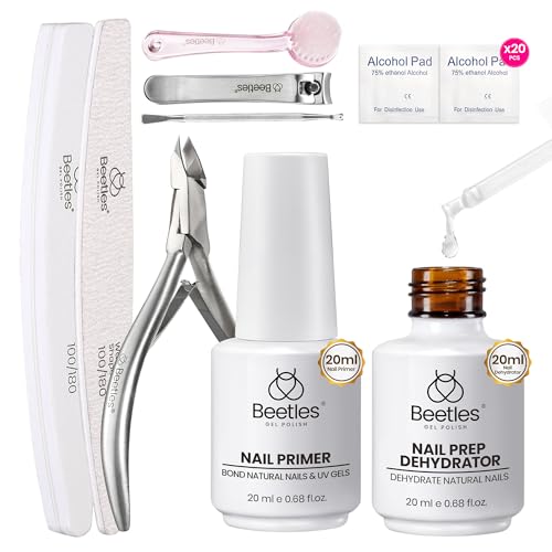 Beetles Nail Prep Kit Nail Dehydrator and Primer Nail Care Tool Kit 20ml Large Capacity Acid-Free & Hema-Free Dehydrate Bond Primer with Manicure Tools for Acrylic Nail Gifts for Women