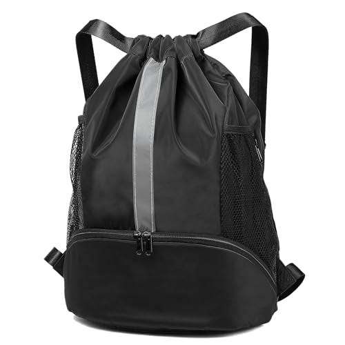BeeGreen Black-Drawstring-Backpack-Gym-Bag, String Cinch Sack With Wet Proof Pocket & Shoe Compartment For Traveling Yoga Beach Swim Outdoor Sports For Women&Men