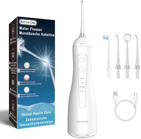 Betterchoi Water Flossers for Teeth, Portable Cordless Water Dental Flosser Teeth Pick – 4 Cleaning Modes, 1800 Pulses, 300ML Tank, IPX7 Waterproof, USB Type-C Charging for Home Travel, White