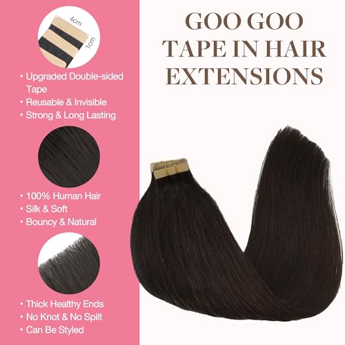 GOO GOO Tape in Hair Extensions Human Hair, 2 Dark Brown, 20inch 50g 20pcs, Skin Weft Seamless Invisible, Silky Straight with Thick Ends, Remy Human Hair