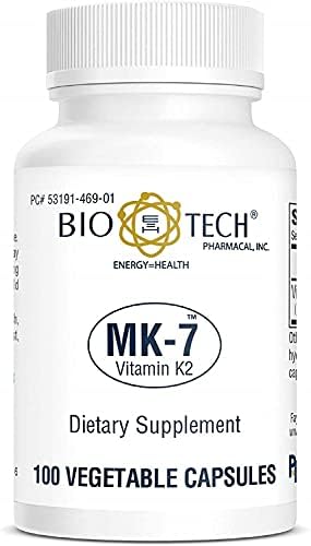 Bio-Tech Pharmacal MK-7 (Vitamin K2), 100 Vegetable Capsules – All-Natural Supplement – Supports Cardiovascular & Bone Health – No Dairy, Fish, Gluten, Peanut, Shellfish, GMOs, Kosher, Halal, & Soy –