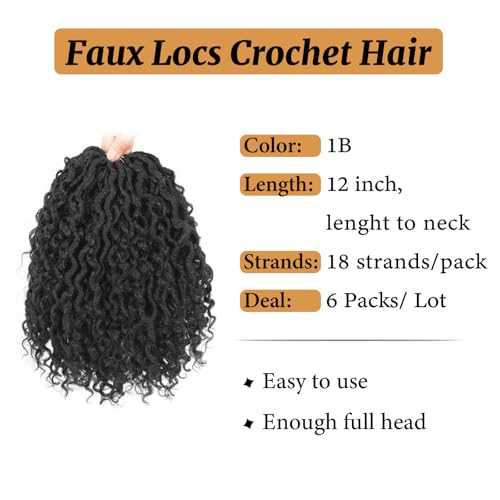 Goddess Locs Crochet Hair 12 Inch Faux Locs Crochet Hair 6 Packs Pre Looped Crochet Hair for Black Women, Boho Crochet Locs with Curly Ends 1B