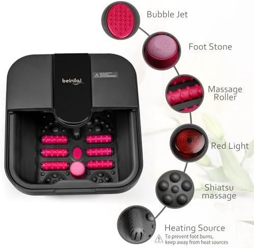 Beinilai Collapsible Foot Spa,Foot Bath with Heat and Massage and Bubble Jets,Foot Soak Tub with Six Non Motorized Rollers,Acupressure Massage Points,Red Light and Removable Pumice Stone