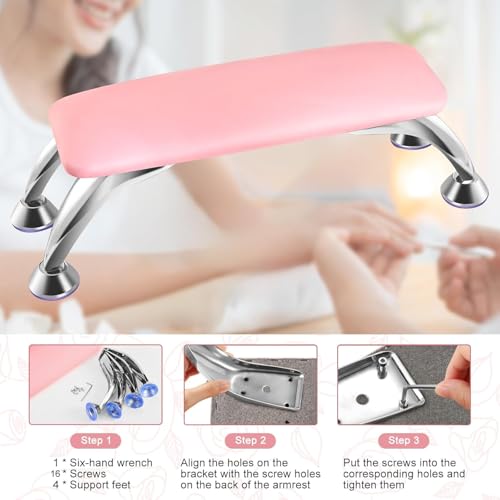 Big Arm Rest for Nails Cushion, Microfiber Leather Nail Arm Rest, Soft Hand Rest for Nails Toenails, Removable Nail Hand Rest with Installation Tools and Manicure Tools (Pink)