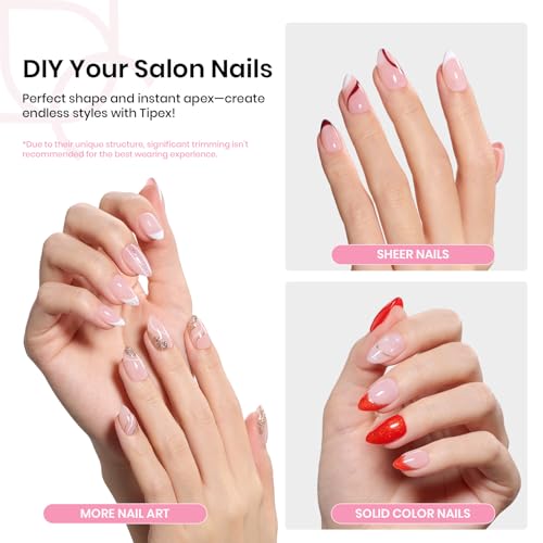Beetles Tipex Instant Apex Nail Tips Kit, Almond Short 224Pcs 16 Sizes Pre-Building & Pre-Etched Thicker Acrylic Nails False Nail Extension with Tipex Uv Nail Glue Mini Nail Lamp