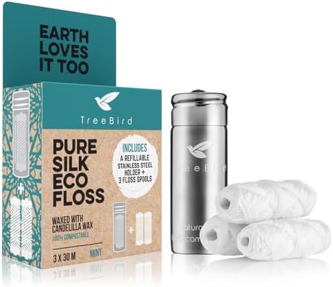 Biodegradable Dental Floss by TreeBird | Refillable & Reusable Zero Waste Steel Dispenser | 3x33yd Waxed Natural Cruelty Free Peace Silk Spools | 100% Compostable | Eco Friendly Plastic Free Oral Care