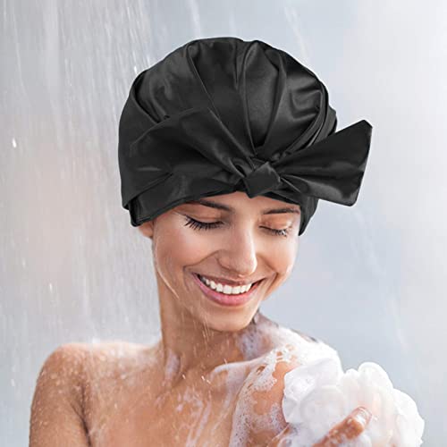 Large Reusable Waterproof Adjustable Shower Cap with Silk Satin Lined Luxury Shower Cap for Long Hair (Black)