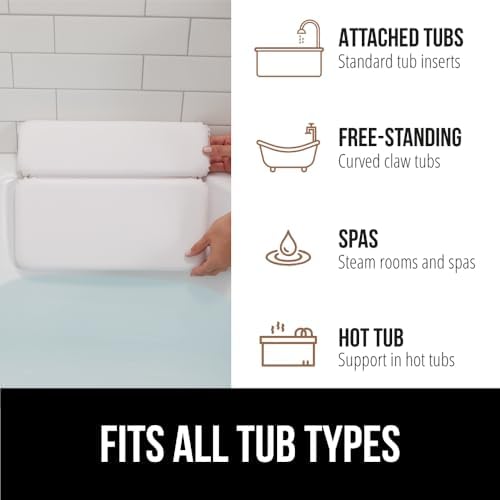 GORILLA GRIP Bath Pillow for Tub, Improved Suction Cups, Luxury Bathtub Pillows, Headrest for Neck and Back Support, Relaxing Home Spa, Hot Tubs and Bathroom Essentials, Gifts for Women, 2 Panel White