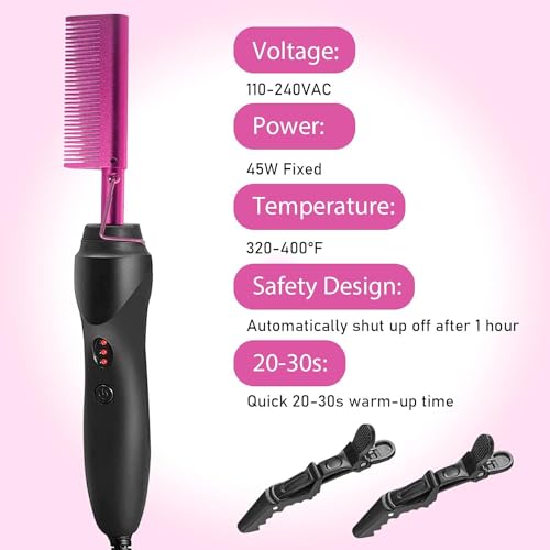 Goiple Electric Hot Comb Pink Hair Straightener Electrical Straightening Comb Curling Iron for Natural Black Hair Wigs with Wide Tooth/Rat Tail Comb, Wax Stick, Wig Cap, Edge Band, Hair Clips