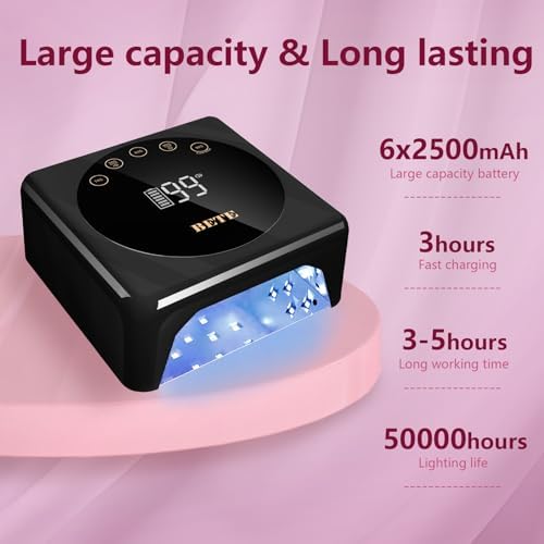 BETE Cordless LED Nail Lamp, 78W Rechargeable UV Nail Light, Intelligent Infrared Sensor and LCD Display Curing Nail Lamp, Portable Nail Dryer Gel Polish Light with 5 Timer Setting Black