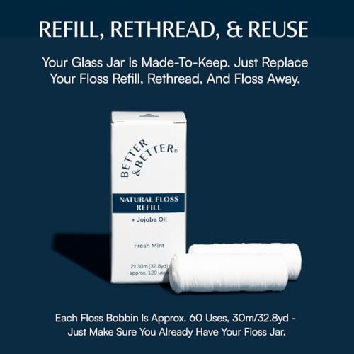 Better & Better Natural Floss in Refillable Glass Jar | Waxed & Zero Plastic Oral Care - 100% Plant-Based, Vegan, Eco and Non Toxic Dental Floss, 1 Spool