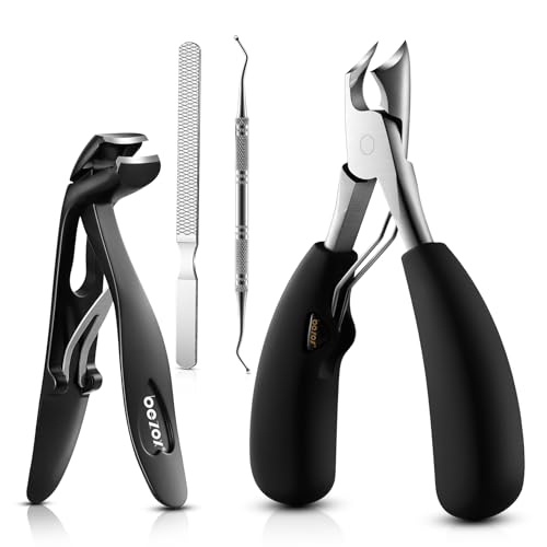 BEZOX Toenail Clipper Kit 4PCS Nail Care Set for Ingrown Toenails – Curved Head Toe Nail Clippers for Seniors for Thick Nails, Thick Fingernail Clippers, Long Nail File & Dual-Ended Lifter - Black