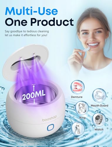 BEESHOP Ultrasonic Retainer Cleaner - 45kHz Retainer Cleaner Machine for Dentures, Mouth Guards, Night Guard, Braces, Aligner, Jewelry, 3 Modes Denture Cleaner & 200ML Dental Cleaning Pod (White)