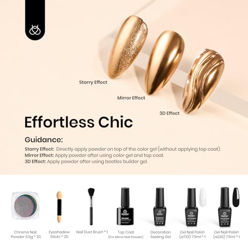 Beetles 20 Colors Metallic Chrome Nail Powder, Metallic nail polish Chrome Powder Mirror Effect Holographic Aurora Nail Art 0.5g/Jar, with Top Coat & Decoration Sealing Gel Black White Gel Polish