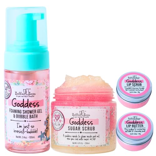 Bella & Bear Goddess MIdi Bath & Body Gift Set with Foaming Shower Gel & Bubble Bath, Body Scrub & Lip Scrub and Lip Butter - Gift - Women