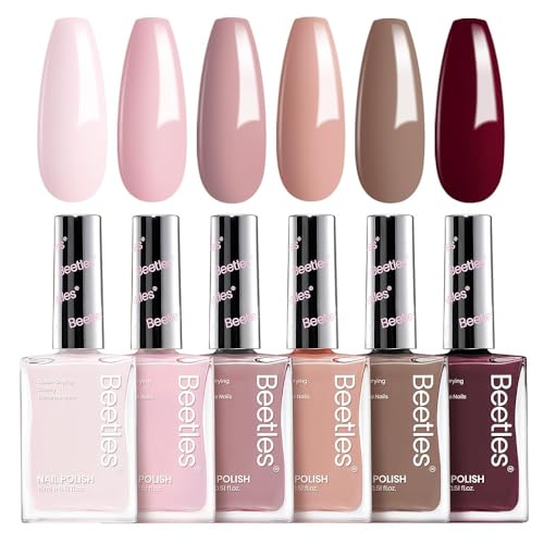 Beetles Nude Nail Polish Set Coconut Mousse 6Pcs, Pink Nail Fast Drying Long Lasting Neutral Brown Red Burgundy Dark Lacquer Glossy for Salon-Quality Results