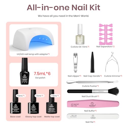 Beetles Gel Nail Polish Kit with Uv Light Base Gel Top Coat, 6 Colors Nude Neutral Nail Polish Starter Kit, Soak off Led Set DIY Manicure Home Nail Essentials Gift for Girls Women