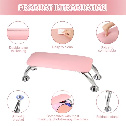 Big Arm Rest for Nails Cushion, Microfiber Leather Nail Arm Rest, Soft Hand Rest for Nails Toenails, Removable Nail Hand Rest with Installation Tools and Manicure Tools (Pink)