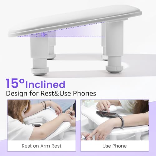 Big Arm Rest for Nails Tech: 2nd Generation U-Shaped Manicure Nail Arm Rest Stand Height Adjustable Armrest Microfiber PU Leather Hand Rest Pillow for Acrylic Nails (White)