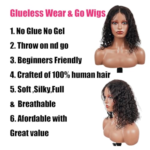 Glueless Wigs Human Hair Pre Plucked Pre Cut Wear and Go Glueless Wig for Beginners Bob Wig Human Hair 180% Density Deep Wave Curly Lace Front Wig 12 Inches Natural Black