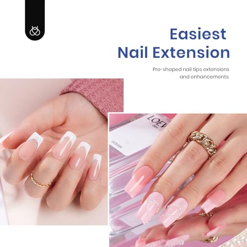 Beetles Gel Nail Kit Medium Square: Easy Nail Extension Set 5 In 1 Nail Glue Gel Base Coat with Pre shaped Medium Square Nail Tips and Uv Nail Lamp Acrylic Nail Kit for Women Beauty Gift Set